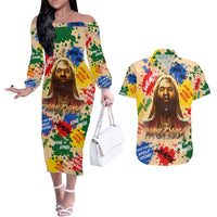 King Of Kings Mansa Musa Couples Matching Off The Shoulder Long Sleeve Dress and Hawaiian Shirt - Wonder Print Shop