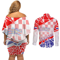 Forever Croatia Couples Matching Off Shoulder Short Dress and Long Sleeve Button Shirt Hrvatska Trobojnica Checkerboard - Wonder Print Shop