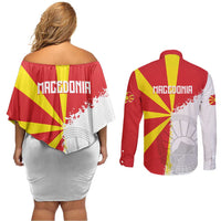 Hometown Macedonia Couples Matching Off Shoulder Short Dress and Long Sleeve Button Shirt Flag and Map - Wonder Print Shop