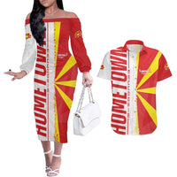 Hometown Macedonia Couples Matching Off The Shoulder Long Sleeve Dress and Hawaiian Shirt Flag and Map - Wonder Print Shop