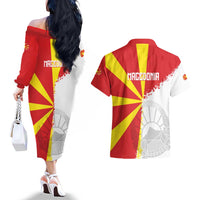 Hometown Macedonia Couples Matching Off The Shoulder Long Sleeve Dress and Hawaiian Shirt Flag and Map - Wonder Print Shop