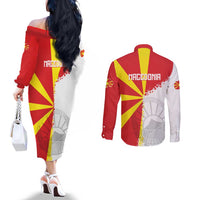 Hometown Macedonia Couples Matching Off The Shoulder Long Sleeve Dress and Long Sleeve Button Shirt Flag and Map