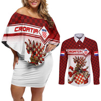 Personalized Croatia Couples Matching Off Shoulder Short Dress and Long Sleeve Button Shirt Vintage Coat Of Arms - Wonder Print Shop