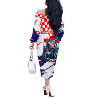 Personalized Croatian Knights Off The Shoulder Long Sleeve Dress Hrvatska Coat Of Arms - Wonder Print Shop