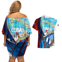Coat Of Arms Cuba Couples Matching Off Shoulder Short Dress and Hawaiian Shirt Caribbean Cuban Map - Wonder Print Shop