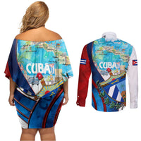 Coat Of Arms Cuba Couples Matching Off Shoulder Short Dress and Long Sleeve Button Shirt Caribbean Cuban Map - Wonder Print Shop