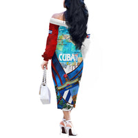 Coat Of Arms Cuba Off The Shoulder Long Sleeve Dress Caribbean Cuban Map - Wonder Print Shop