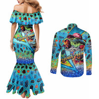 Personalized Kiss My Bass Fishing Couples Matching Mermaid Dress and Long Sleeve Button Shirt Fish Me Luck