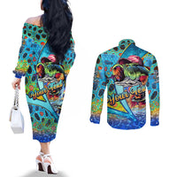 Personalized Kiss My Bass Fishing Couples Matching Off The Shoulder Long Sleeve Dress and Long Sleeve Button Shirt Fish Me Luck