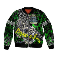 Personalized Franken Fish Sleeve Zip Bomber Jacket Skull Fishing Green - Wonder Print Shop