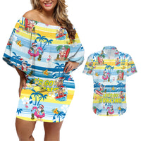 Surfing Christmas Couples Matching Off Shoulder Short Dress and Hawaiian Shirt Tropical Santa Let's Go Surfing - Wonder Print Shop