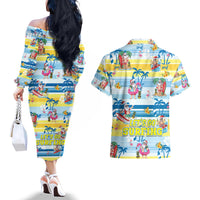 Surfing Christmas Couples Matching Off The Shoulder Long Sleeve Dress and Hawaiian Shirt Tropical Santa Let's Go Surfing - Wonder Print Shop