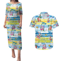 Surfing Christmas Couples Matching Puletasi Dress and Hawaiian Shirt Tropical Santa Let's Go Surfing - Wonder Print Shop