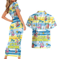 Surfing Christmas Couples Matching Short Sleeve Bodycon Dress and Hawaiian Shirt Tropical Santa Let's Go Surfing - Wonder Print Shop