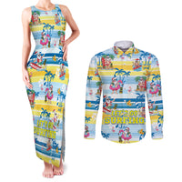 Surfing Christmas Couples Matching Tank Maxi Dress and Long Sleeve Button Shirt Tropical Santa Let's Go Surfing - Wonder Print Shop