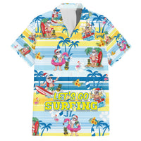 Blue tropical button-up shirt with cartoon Santa surfing, palm trees, short sleeves