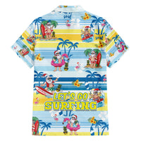 Blue tropical Hawaiian shirt with cartoon Santa surfing, surfboards, palm trees