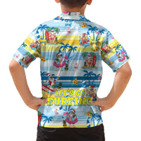 Back view of blue tropical button-up shirt with cartoon Santa surfing and palm trees