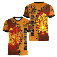 Skull Deer Hunting Women V-Neck T-Shirt Vintage Leather Bow Hunter - Wonder Print Shop