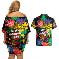 Never Apologize For Being Black Couples Matching Off Shoulder Short Dress and Hawaiian Shirt - Wonder Print Shop