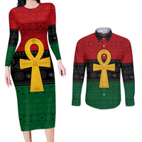 Pan African Ankh Couples Matching Long Sleeve Bodycon Dress and Long Sleeve Button Shirt Egyptian Cross - Wonder Print Shop