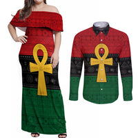 Pan African Ankh Couples Matching Off Shoulder Maxi Dress and Long Sleeve Button Shirt Egyptian Cross - Wonder Print Shop