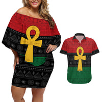 Pan African Ankh Couples Matching Off Shoulder Short Dress and Hawaiian Shirt Egyptian Cross - Wonder Print Shop