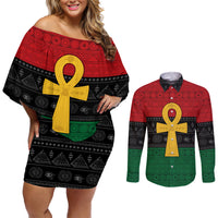 Pan African Ankh Couples Matching Off Shoulder Short Dress and Long Sleeve Button Shirt Egyptian Cross - Wonder Print Shop