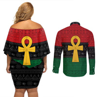 Pan African Ankh Couples Matching Off Shoulder Short Dress and Long Sleeve Button Shirt Egyptian Cross - Wonder Print Shop