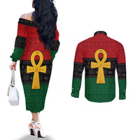 Pan African Ankh Couples Matching Off The Shoulder Long Sleeve Dress and Long Sleeve Button Shirt Egyptian Cross