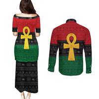 Pan African Ankh Couples Matching Puletasi and Long Sleeve Button Shirt Egyptian Cross - Wonder Print Shop