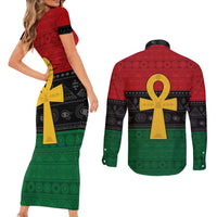 Pan African Ankh Couples Matching Short Sleeve Bodycon Dress and Long Sleeve Button Shirt Egyptian Cross - Wonder Print Shop