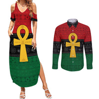 Pan African Ankh Couples Matching Summer Maxi Dress and Long Sleeve Button Shirt Egyptian Cross - Wonder Print Shop