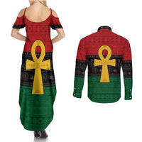 Pan African Ankh Couples Matching Summer Maxi Dress and Long Sleeve Button Shirt Egyptian Cross - Wonder Print Shop
