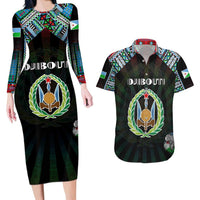 Personalized Djibouti Roots Couples Matching Long Sleeve Bodycon Dress and Hawaiian Shirt African Map in Fingerprint and Tribal Colors