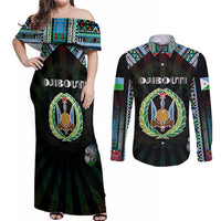 Personalized Djibouti Roots Couples Matching Off Shoulder Maxi Dress and Long Sleeve Button Shirt African Map in Fingerprint and Tribal Colors