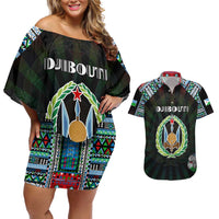 Personalized Djibouti Roots Couples Matching Off Shoulder Short Dress and Hawaiian Shirt African Map in Fingerprint and Tribal Colors