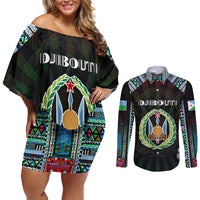 Personalized Djibouti Roots Couples Matching Off Shoulder Short Dress and Long Sleeve Button Shirt African Map in Fingerprint and Tribal Colors