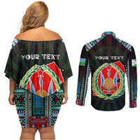 Personalized Djibouti Roots Couples Matching Off Shoulder Short Dress and Long Sleeve Button Shirt African Map in Fingerprint and Tribal Colors