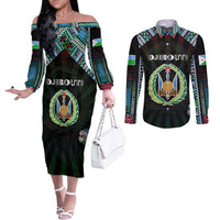 Personalized Djibouti Roots Couples Matching Off The Shoulder Long Sleeve Dress and Long Sleeve Button Shirt African Map in Fingerprint and Tribal Colors