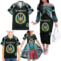 Personalized Djibouti Roots Family Matching Off The Shoulder Long Sleeve Dress and Hawaiian Shirt African Map in Fingerprint and Tribal Colors