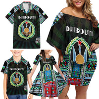 Personalized Djibouti Roots Family Matching Off Shoulder Short Dress and Hawaiian Shirt African Map in Fingerprint and Tribal Colors
