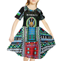 Personalized Djibouti Roots Kid Short Sleeve Dress African Map in Fingerprint and Tribal Colors