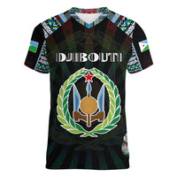 Personalized Djibouti Roots Women V-Neck T-Shirt African Map in Fingerprint and Tribal Colors