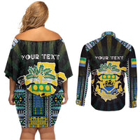 Personalized Gabon Roots Couples Matching Off Shoulder Short Dress and Long Sleeve Button Shirt African Map in Fingerprint and Tribal Colors