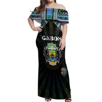 Personalized Gabon Roots Off Shoulder Maxi Dress African Map in Fingerprint and Tribal Colors