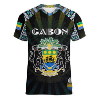 Personalized Gabon Roots Women V-Neck T-Shirt African Map in Fingerprint and Tribal Colors