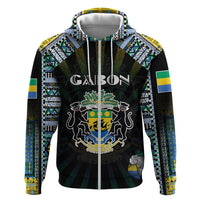 Personalized Gabon Roots Zip Hoodie African Map in Fingerprint and Tribal Colors