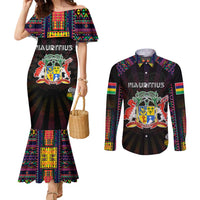 Personalized Mauritius Roots Couples Matching Mermaid Dress and Long Sleeve Button Shirt African Map in Fingerprint and Tribal Colors