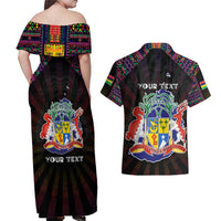 Personalized Mauritius Roots Couples Matching Off Shoulder Maxi Dress and Hawaiian Shirt African Map in Fingerprint and Tribal Colors